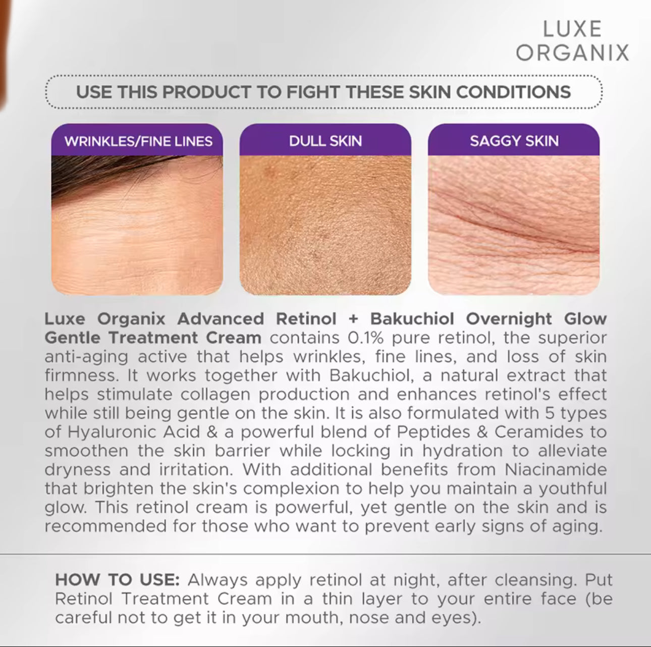 LUXE ORGANIX RETINOL + BAKUCHIOL Overnight Glow Gentle Treatment Cream 30g