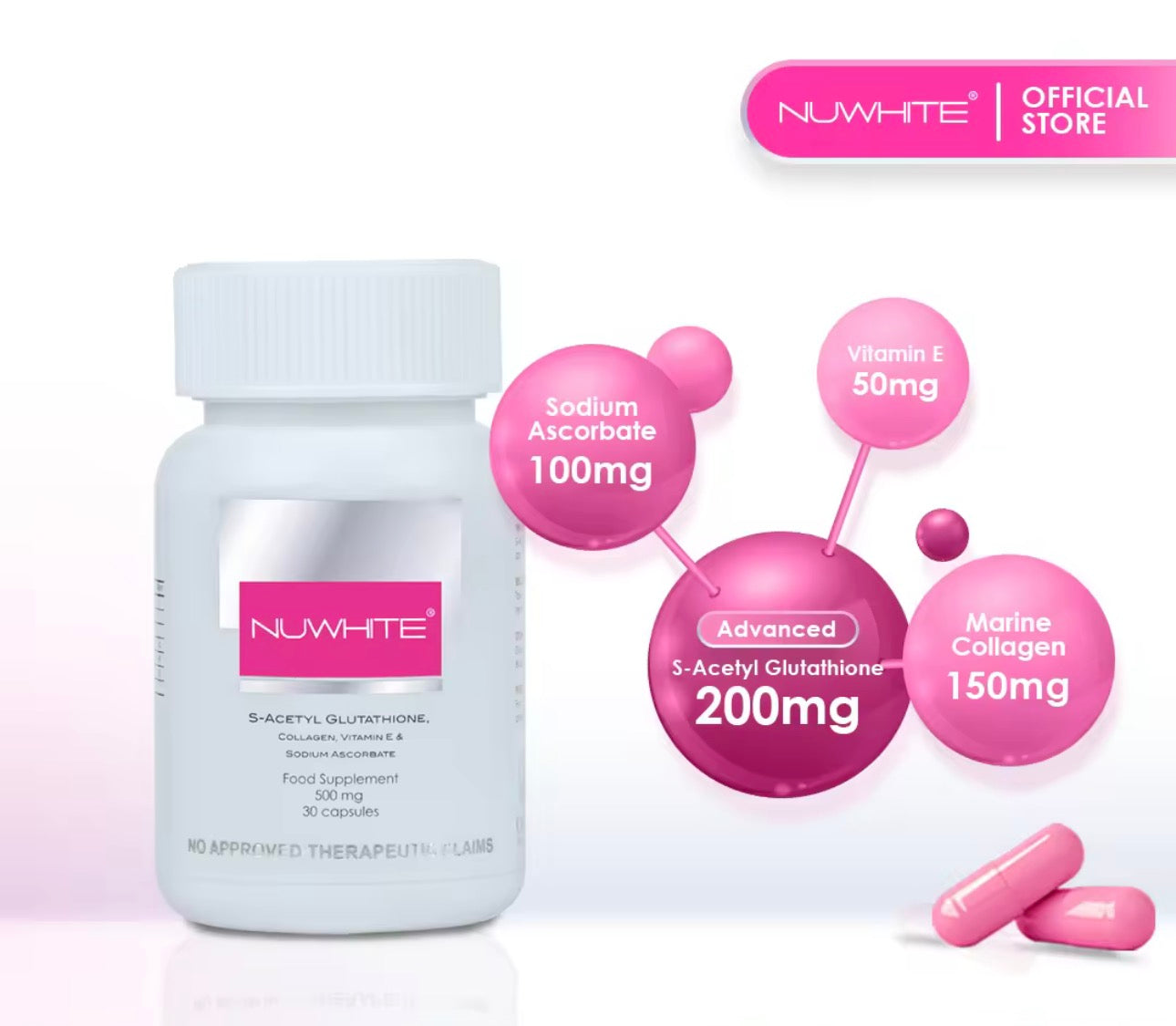 NUWHITE C+ Whitening Vitamin C with Niacinamide | NUWHITE Advanced S-Acetyl Glutathione | 30 Capsules each