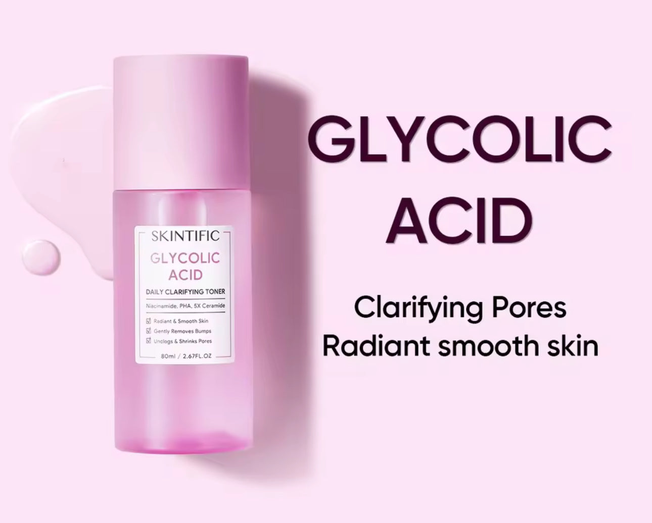 SKINTIFIC Glycolic Acid Daily Clarifying Toner | 80ml | Daily Exfoliating Brighten Skin With Niacinamide