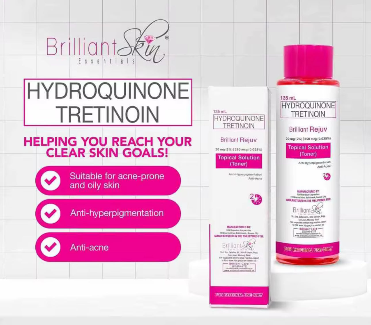 Brilliant Rejuvenating Facial Toner with HYDROQUINONE TRETINOIN 135 ml