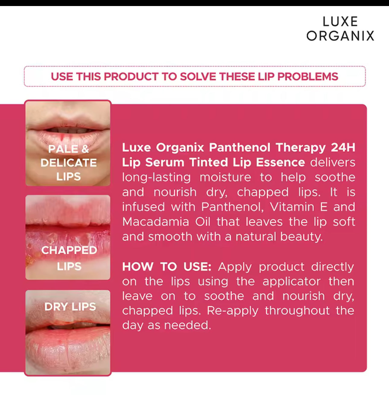 Luxe Organix Panthenol Therapy 24H Lip Serum Tinted Lip Essence 10g