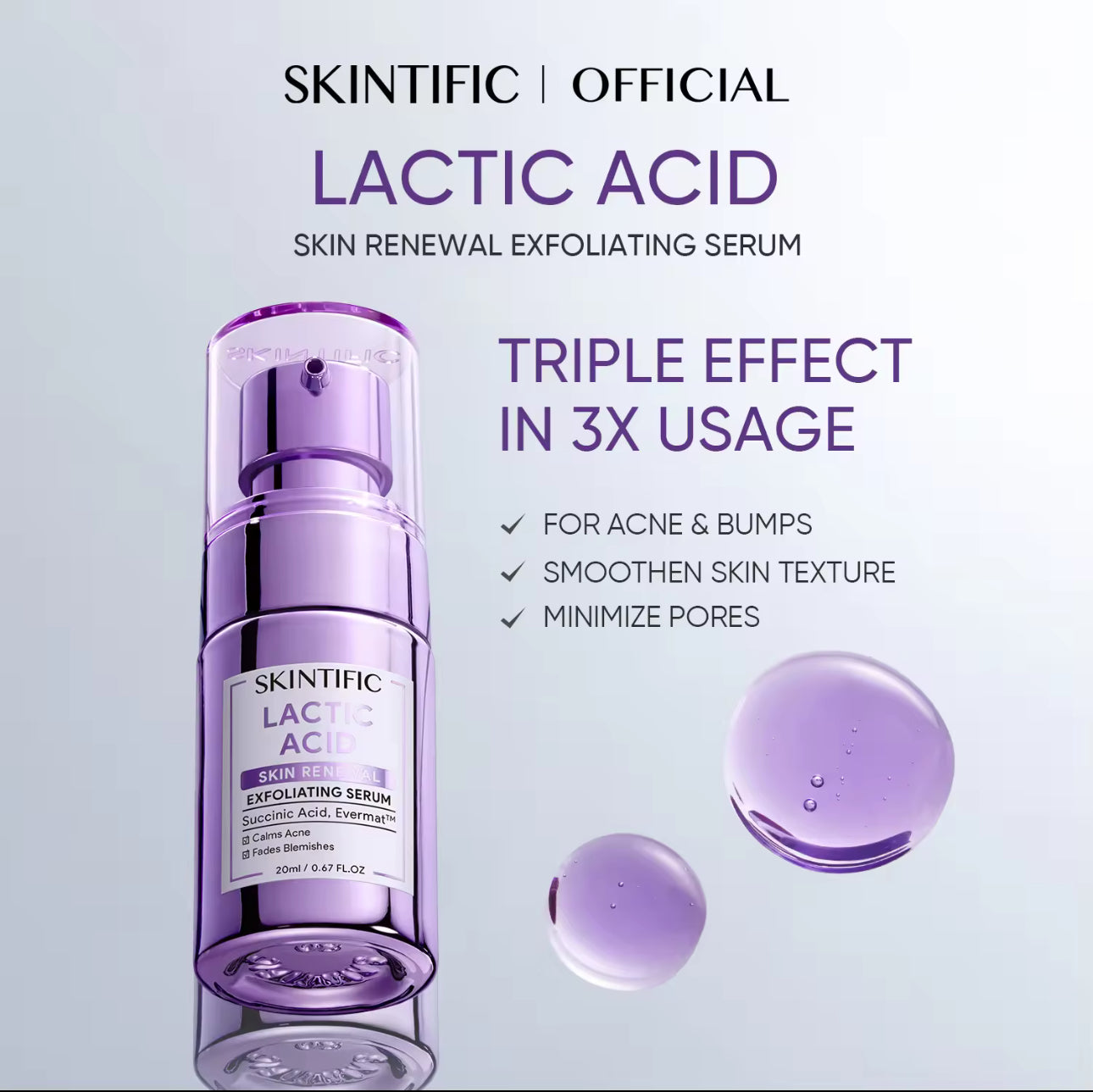 SKINTIFIC Lactic Acid Skin Renewal Exfoliating Anti Acne&Pores Serum 20ml Skin care