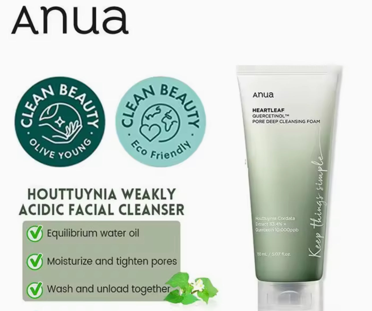 Anua Cleanser Heartleaf Quercetinol Pore Deep Cleansing Foam Facial Cleansers Face Wash 150ml