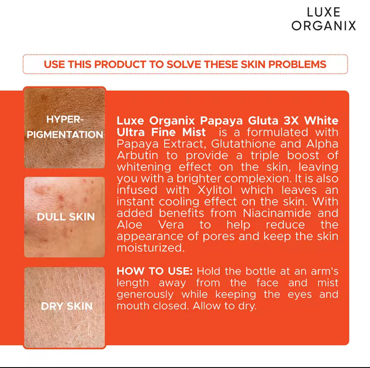 Luxe Organix Papaya Gluta 3X White Ultra Fine Mist 80ml