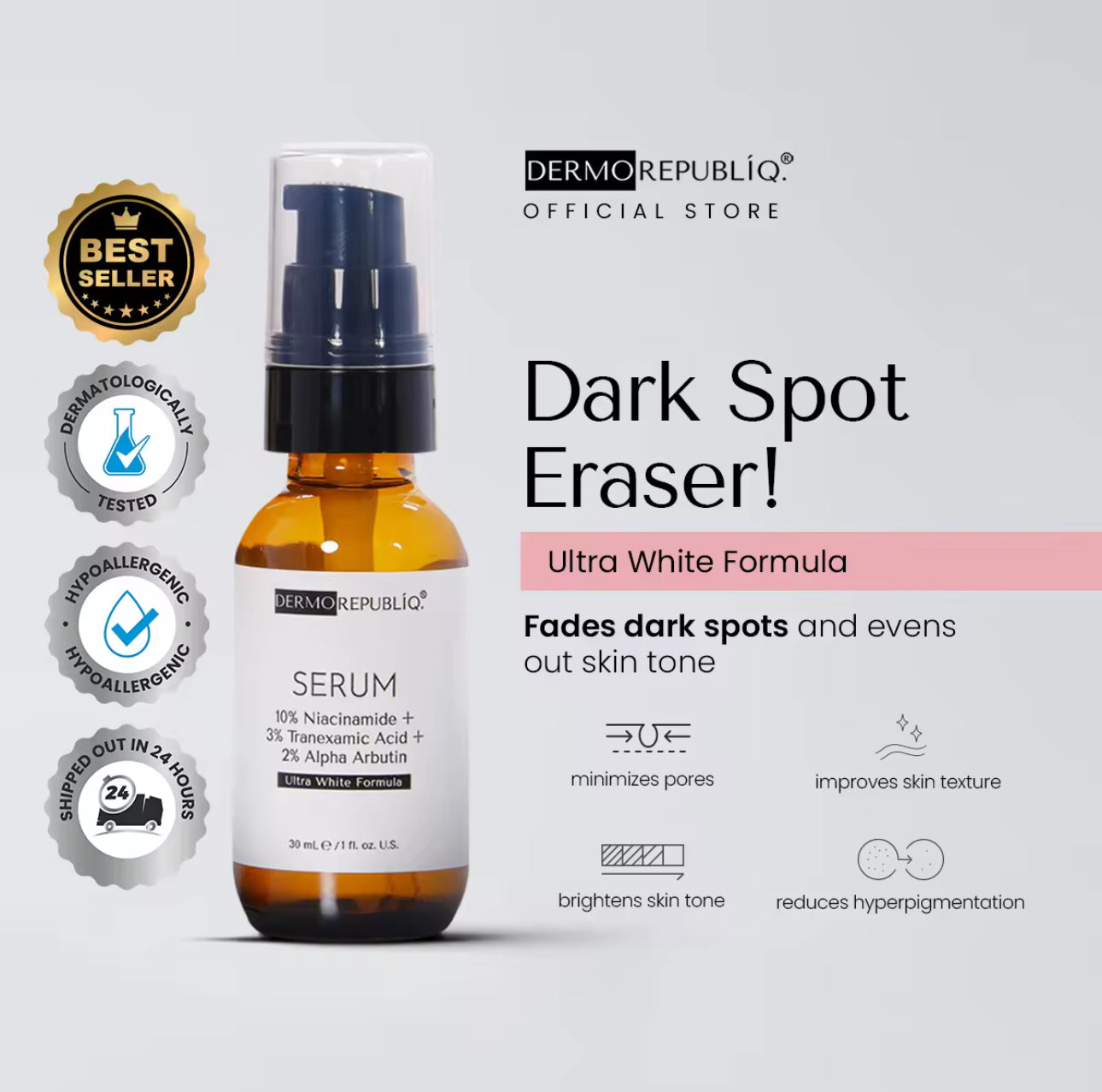 Dermorepubliq 10% Niacinamide + 3% Tranexamic Acid + 2% Alpha Arbutin Ultra White Serum - 30 mL