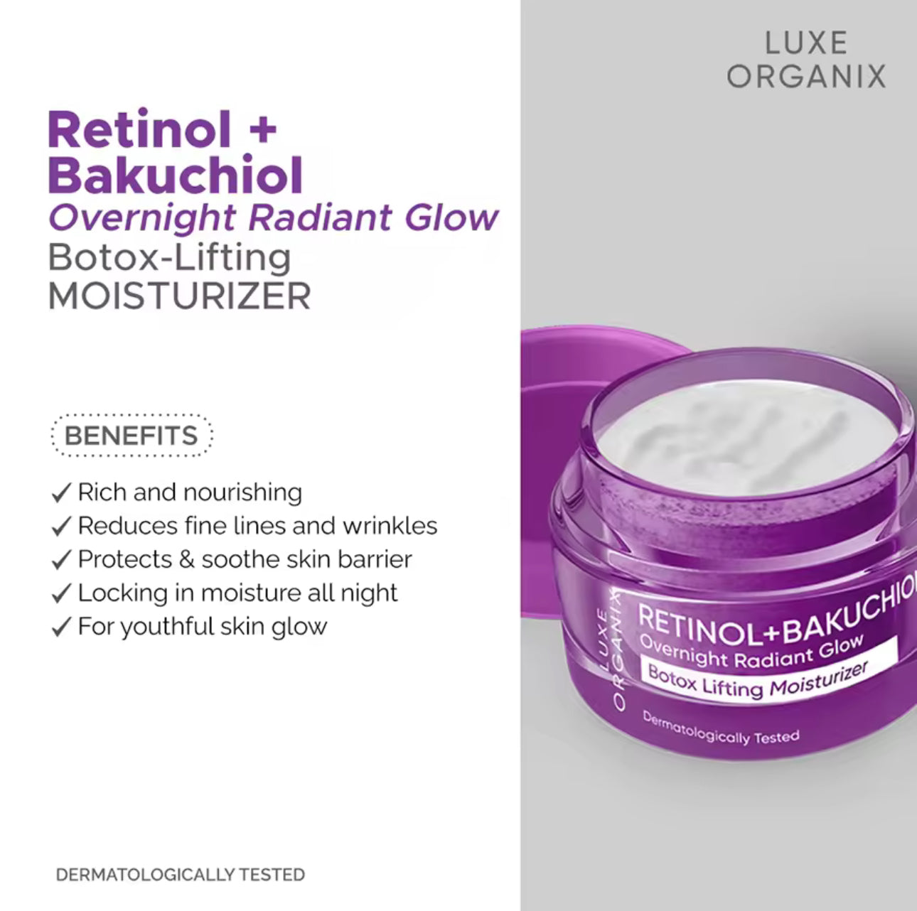 Luxe Organix Retinol + Bakuchiol Overnight Radiant Glow Botox Lifting Moisturizer 50g