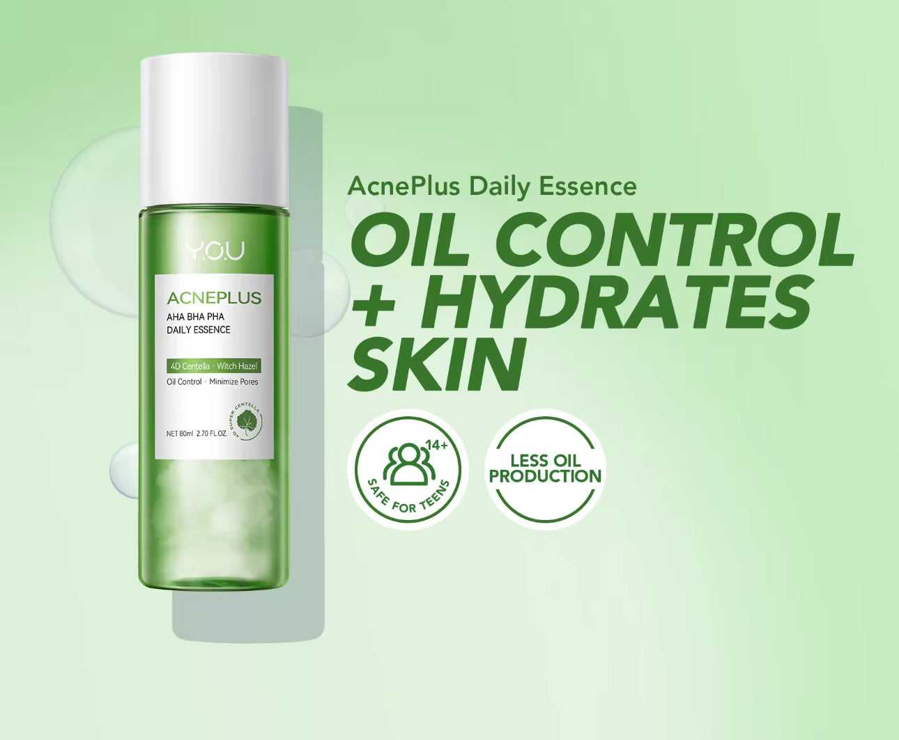 Y.O.U AcnePlus AHA BHA PHA Daily Essence | Minimize Pores | Hydrates & Moisturizes Skin 80ml