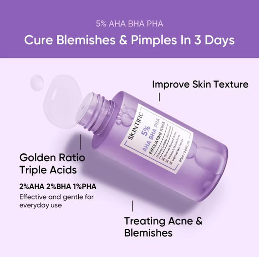 SKINTIFIC 5% Aha Bha Pha Exfoliating Toner Face Exfoliation Facial Glow and Smooth Skin (80ml)